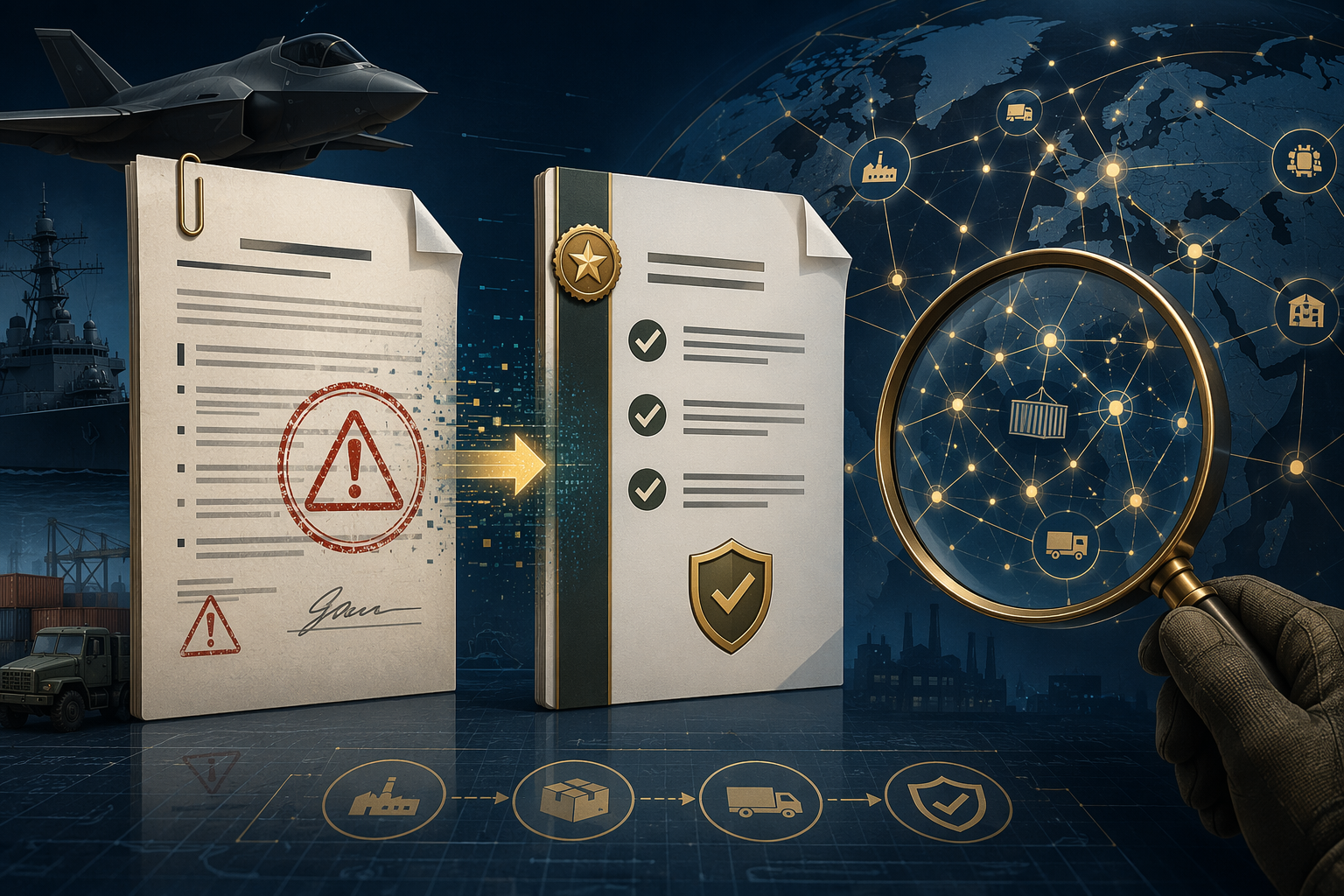 A waiver document with compliance stamps and a defense supply chain diagram in the background.