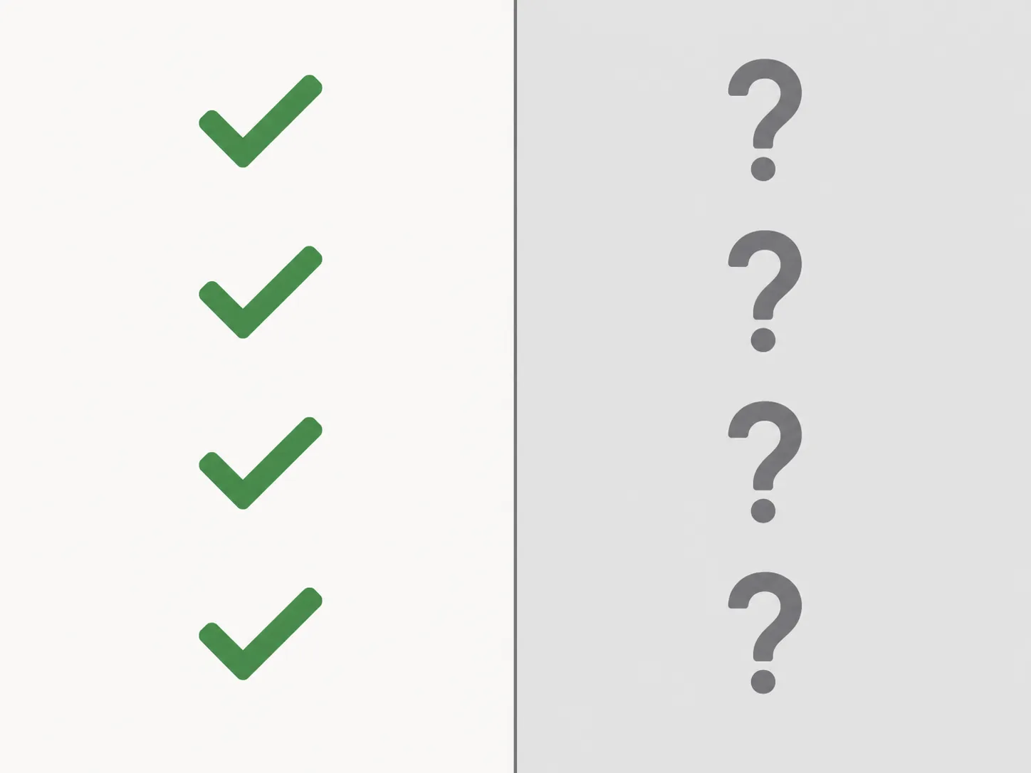 Split-panel graphic contrasting green checkmarks with gray question marks