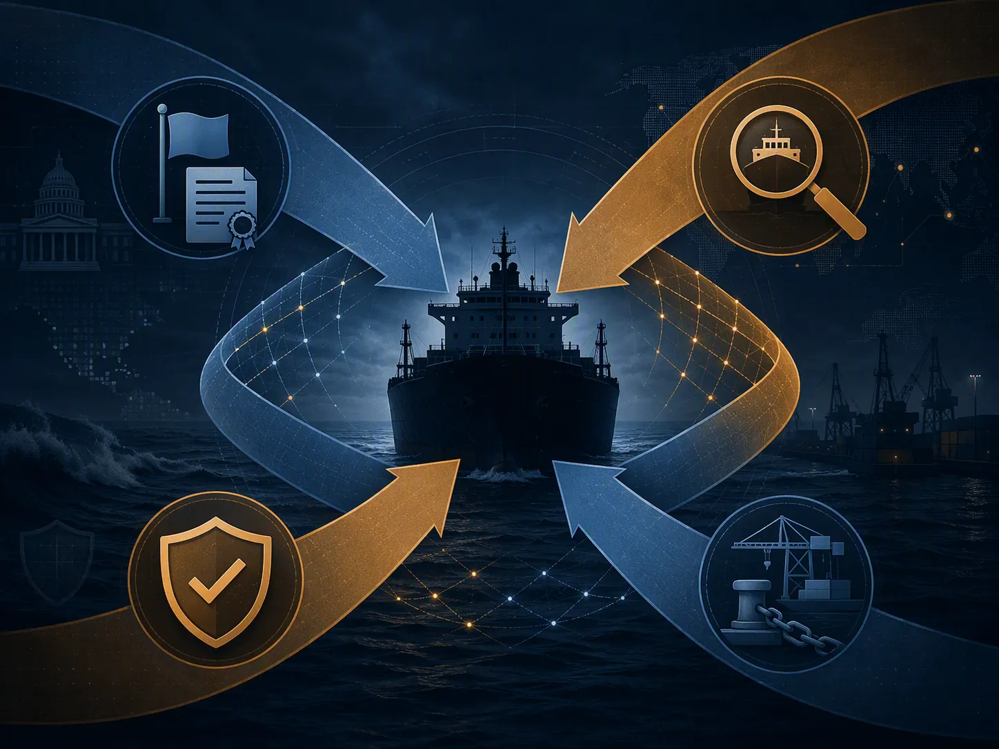 Cargo ship surrounded by enforcement bands for allied designations, vessel identification, insurance verification, and port-state controls