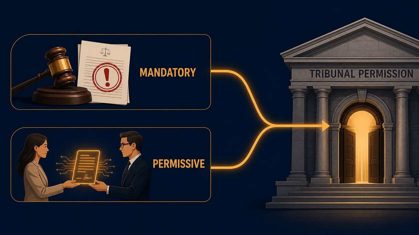 Infographic showing mandatory and permissive withdrawal lanes converging at tribunal permission