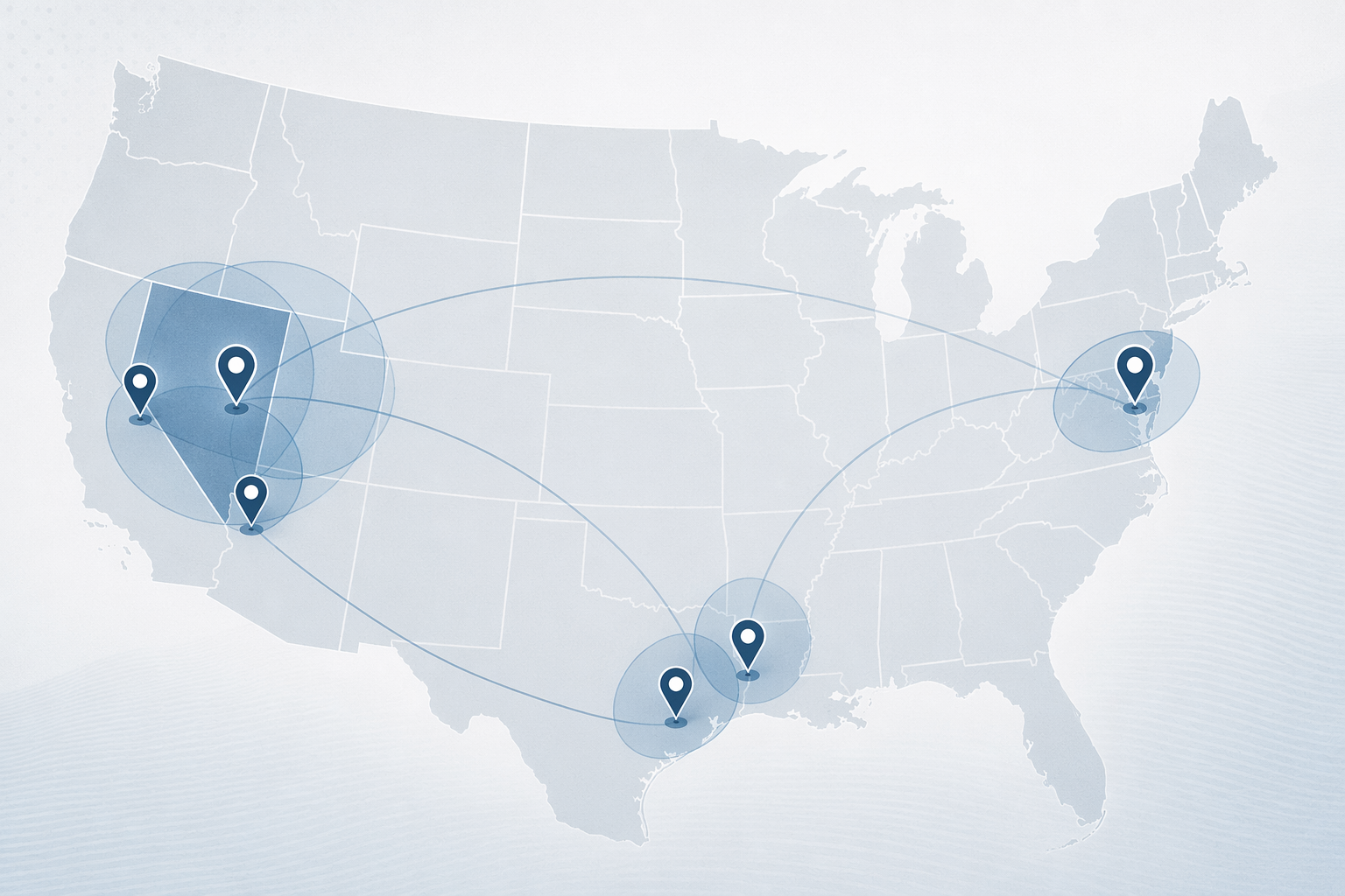 Simplified United States map marking Las Vegas, Lake Tahoe, Laughlin, Atlantic City, Biloxi, and Lake Charles casino markets