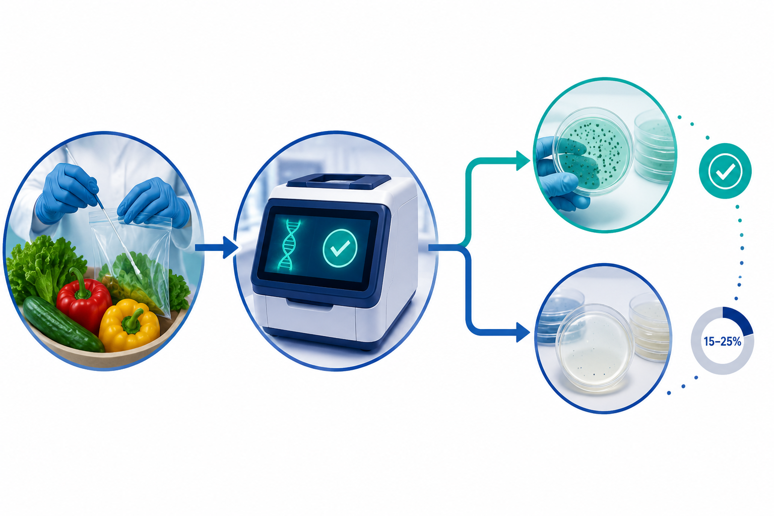 Food safety testing workflow from produce sampling to PCR positive result and culture confirmation
