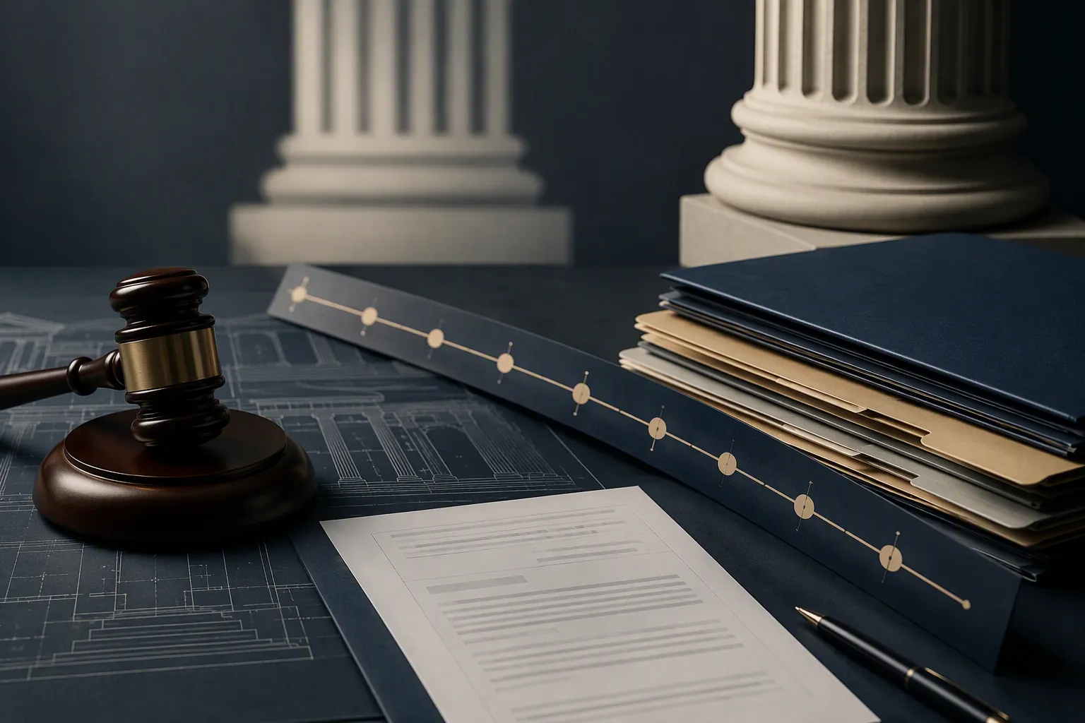 A judge's gavel beside docket folders and a printed court order, suggesting a procedural framework being assembled