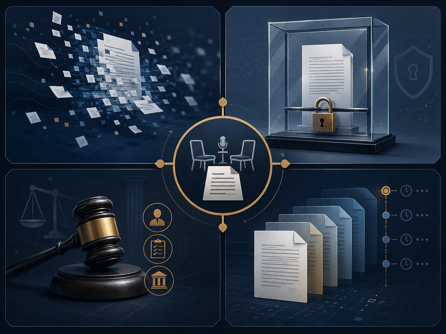 Four panels illustrating accuracy, confidentiality, professional responsibility, and e-discovery risks