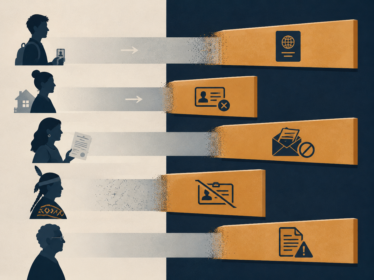 Illustration of different voter groups facing proof-of-citizenship, ID, mail ballot, student ID, and name-match barriers