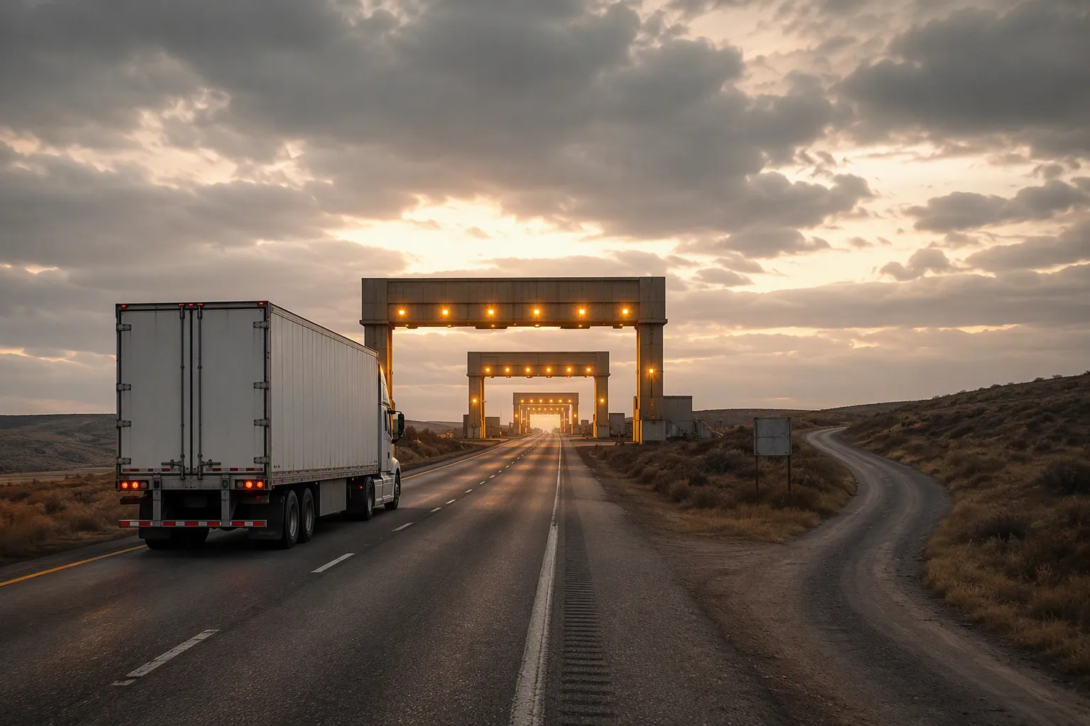 A semi-truck approaches highway checkpoint arches while a side road branches away, suggesting that a shortcut cannot bypass required checks.