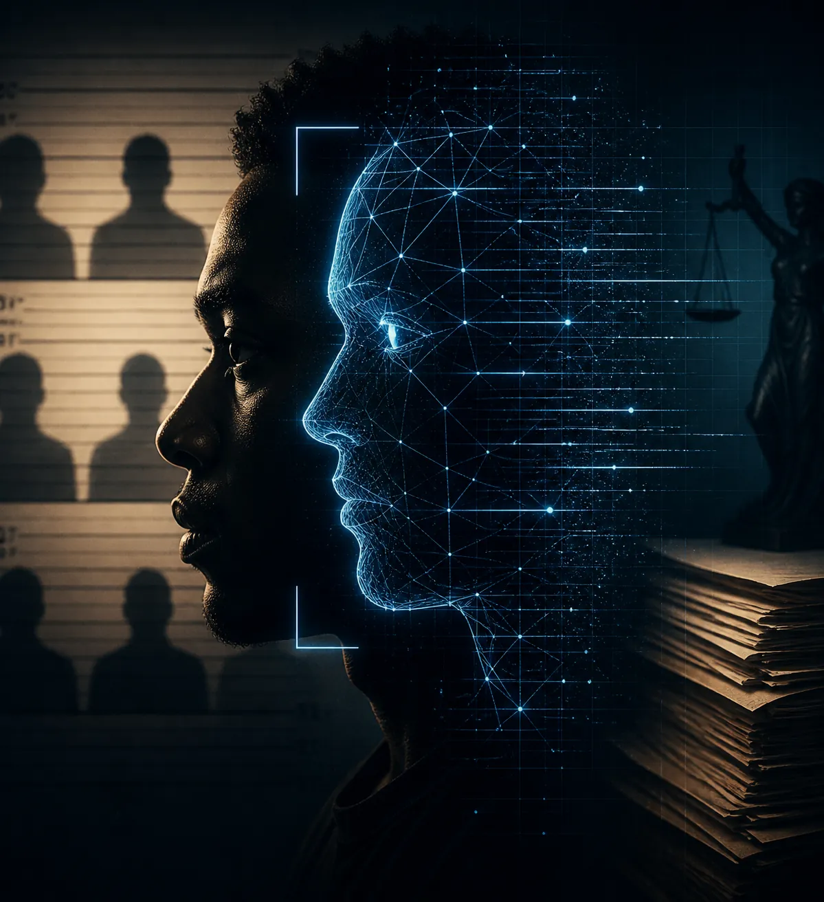Human face dissolving into facial-recognition scan lines with lineup and legal-document shapes in the background