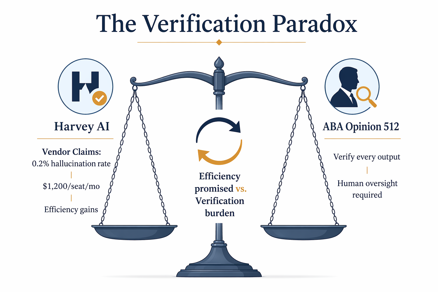 An editorial diagram titled 'The Verification Paradox' on a white background. A balanced scale sits between a left-side Harvey AI icon with a checkmark and text 'Vendor Claims: 0.2% hallucination rate | $1,200/seat/mo | Efficiency gains' and a right-side lawyer icon with a magnifying glass and text 'ABA Opinion 512: Verify every output | Human oversight required'. A paradox symbol with circling arrows connects the two sides, captioned 'Efficiency promised vs. Verification burden'. Muted navy, slate blue, and amber accents.