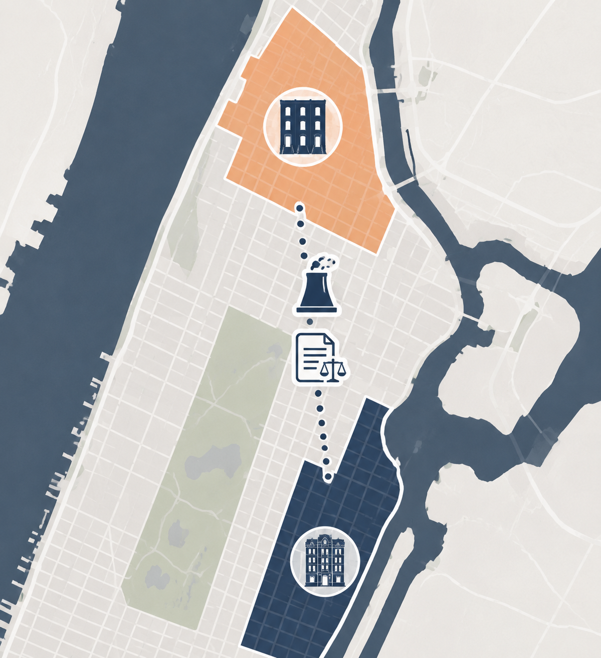 Editorial map connecting Harlem 2025 and Upper East Side 2026 Legionnaires outbreak zones