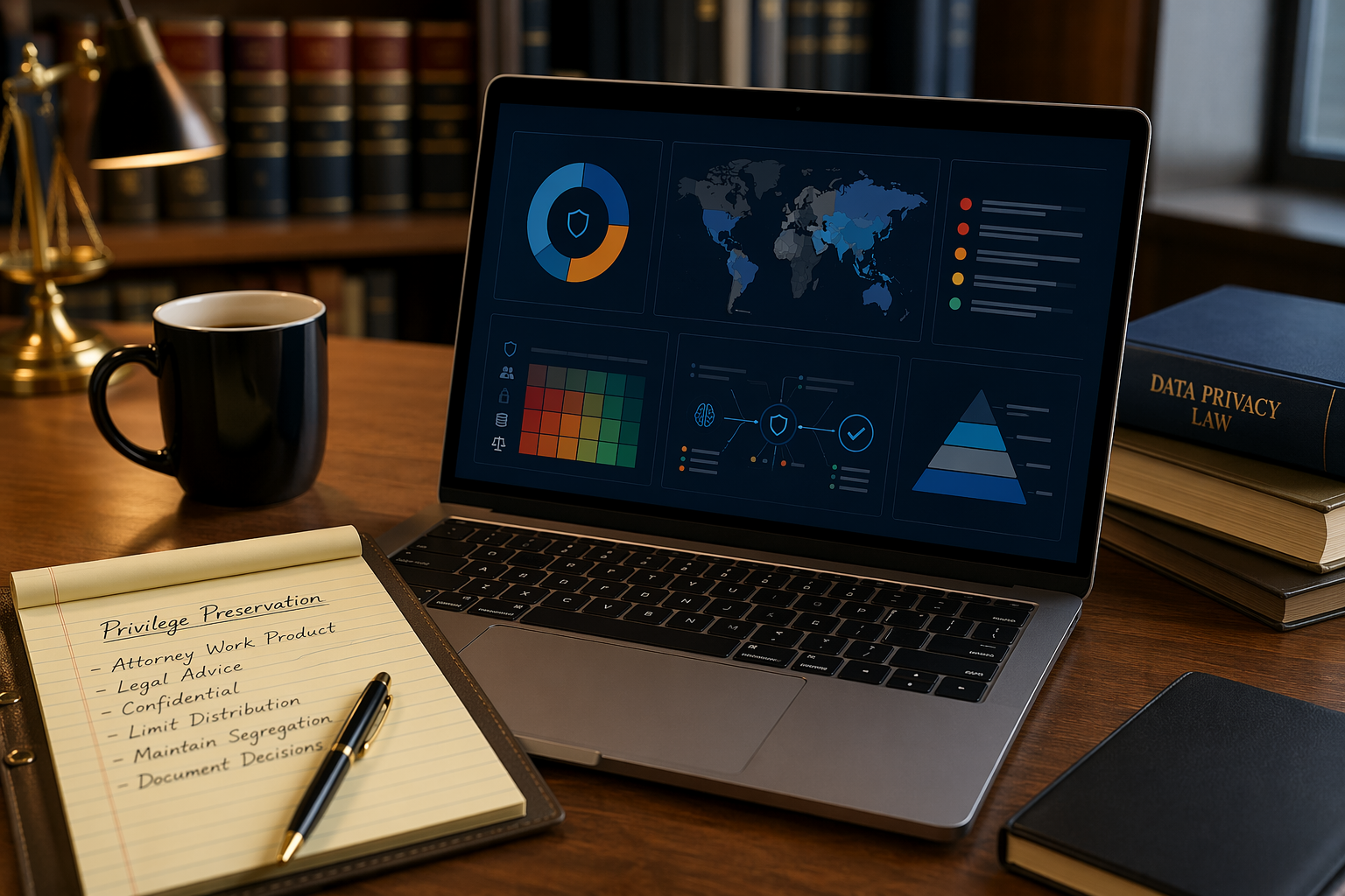 Laptop showing a privacy impact assessment dashboard beside legal notes about privilege preservation