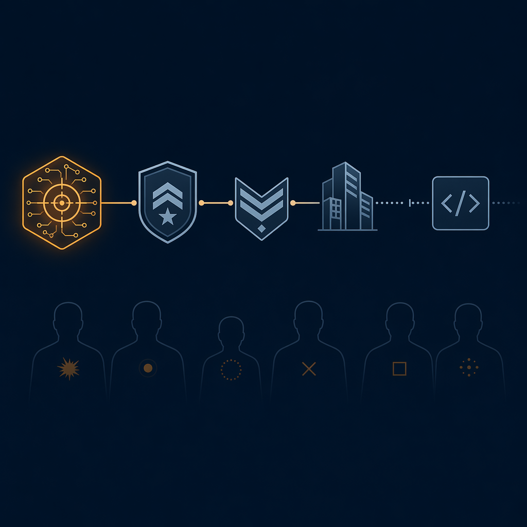 Diagram of a military AI accountability chain dissolving into gaps above civilian casualty markers