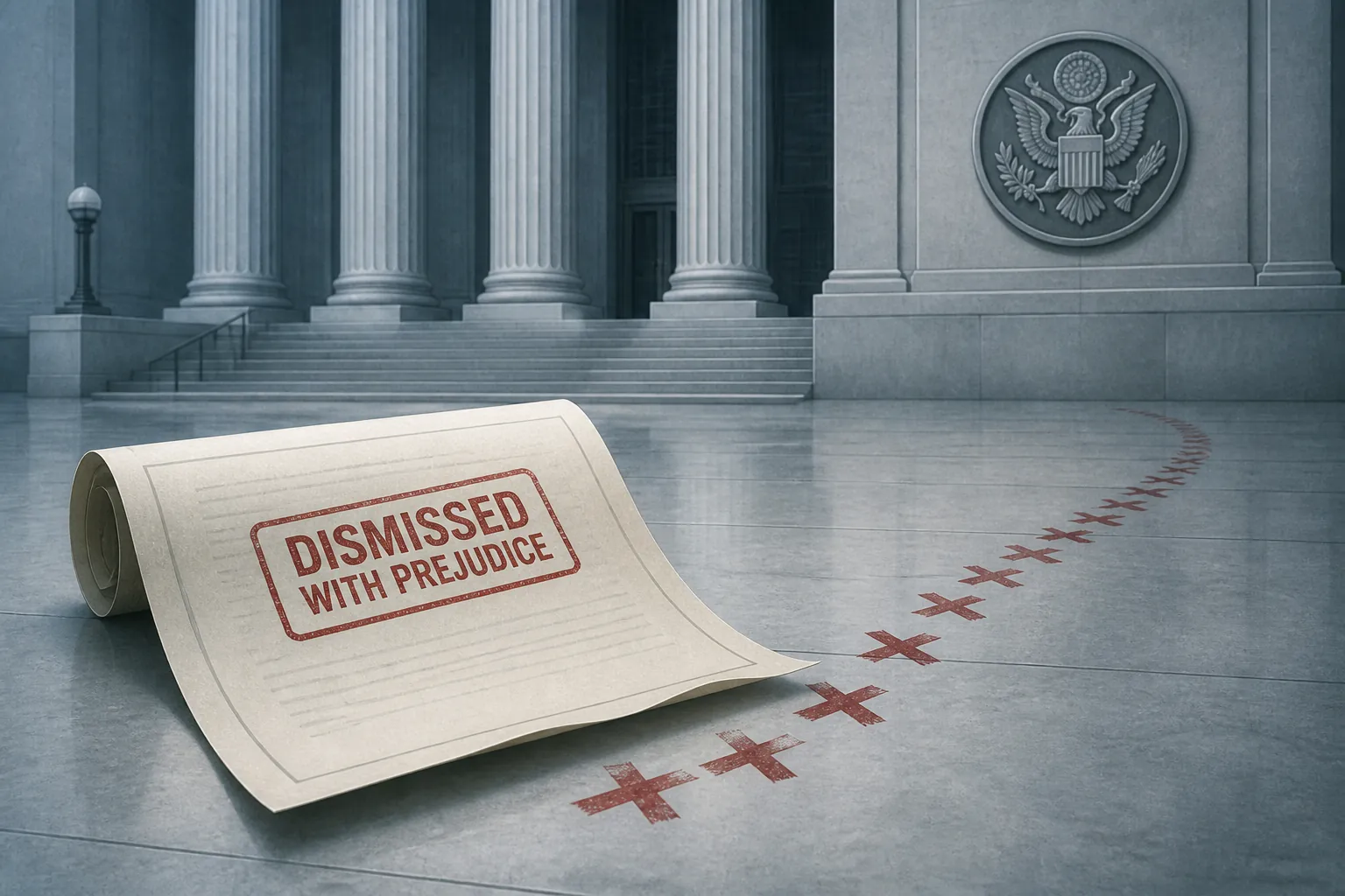 Federal courthouse facade with a dismissed with prejudice document and 18 red X marks