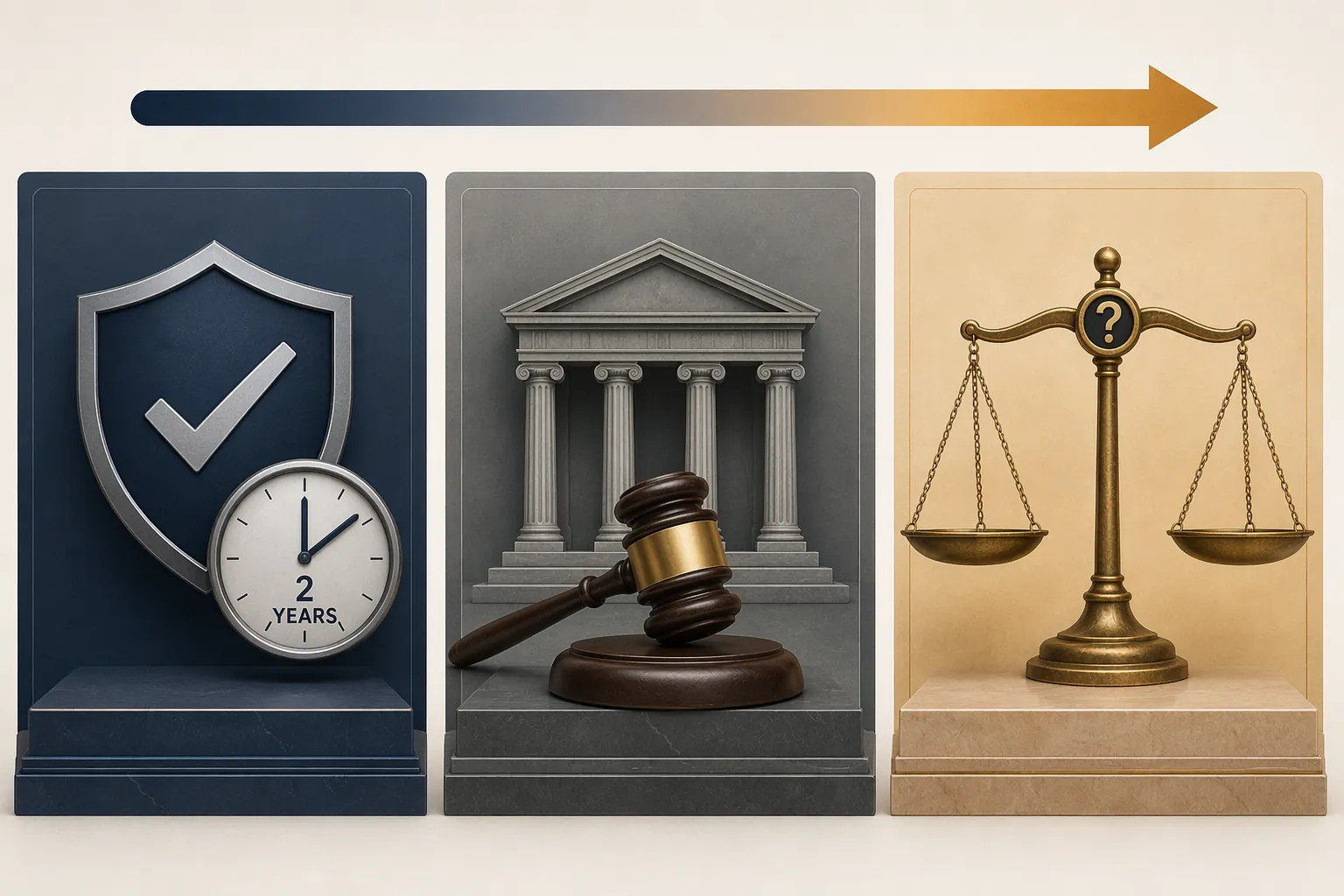 Three comparison panels showing fast administrative relief, prosecution-dependent restitution, and contested civil claims