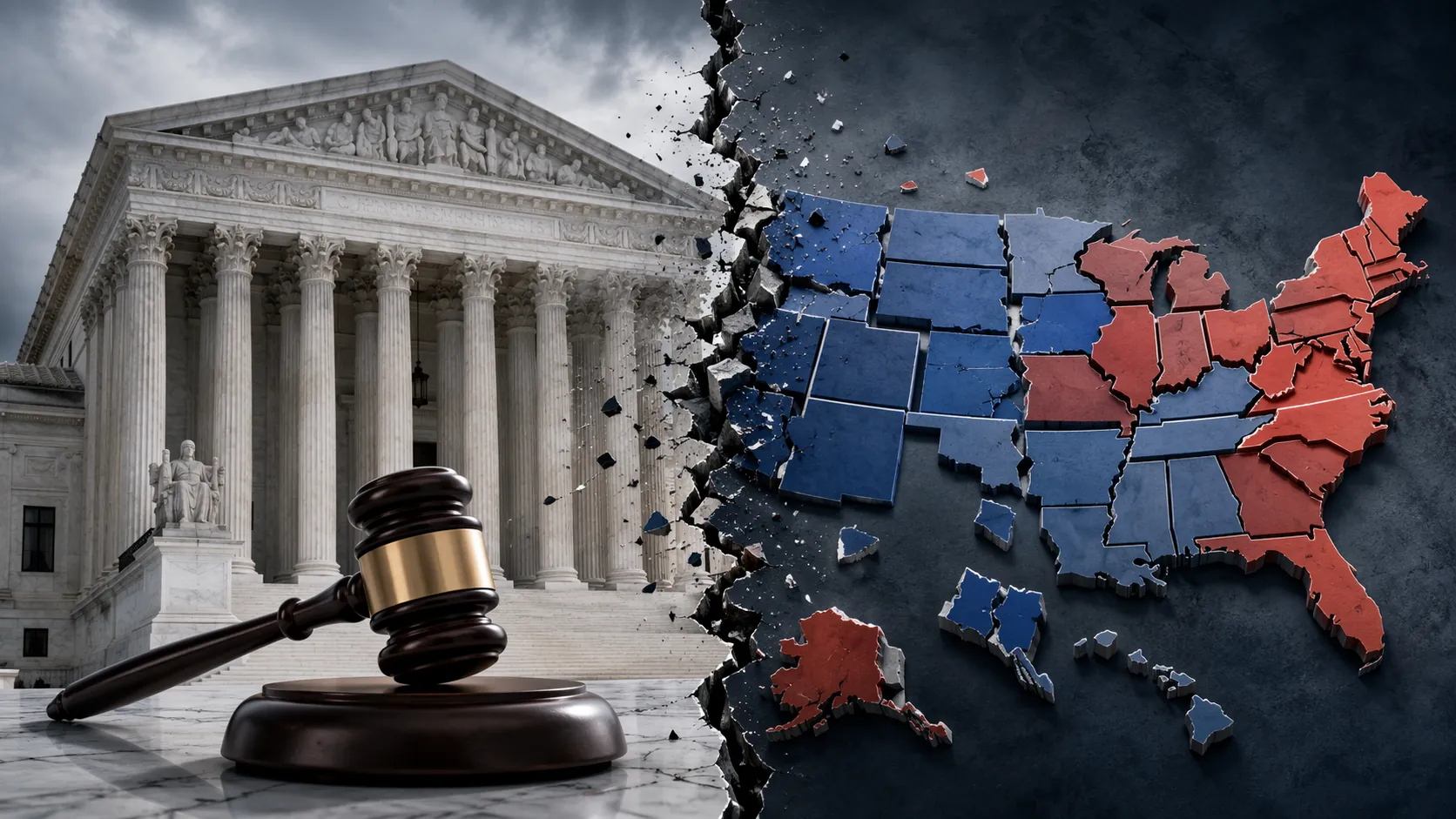Supreme Court facade, gavel, and fragmented red and blue United States map showing state-by-state legal divergence