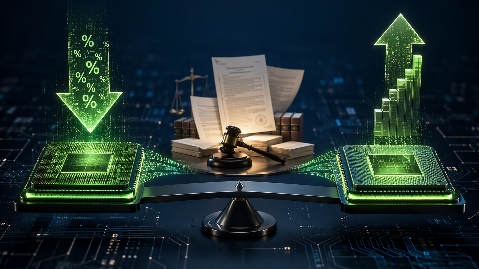 AMD and Nvidia AI chips balanced against legal documents and a gavel