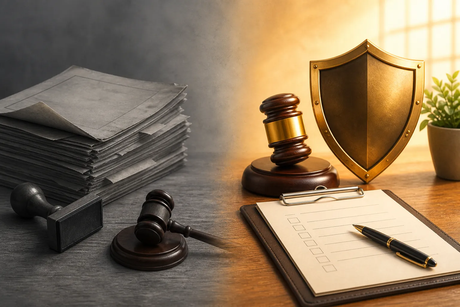 Regulatory documents and gavel contrasted with an inspection clipboard and shield emblem
