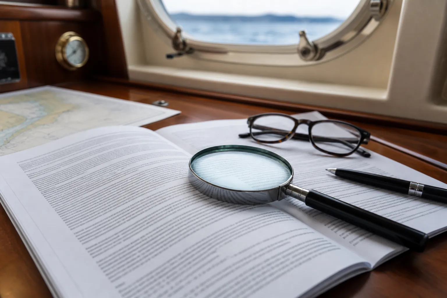 Hull-insurance policy document on a yacht navigation table with a magnifying glass over the fine print