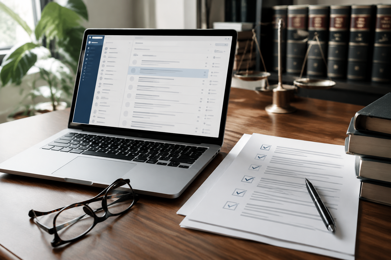 Open laptop and printed documents on a legal desk for verification