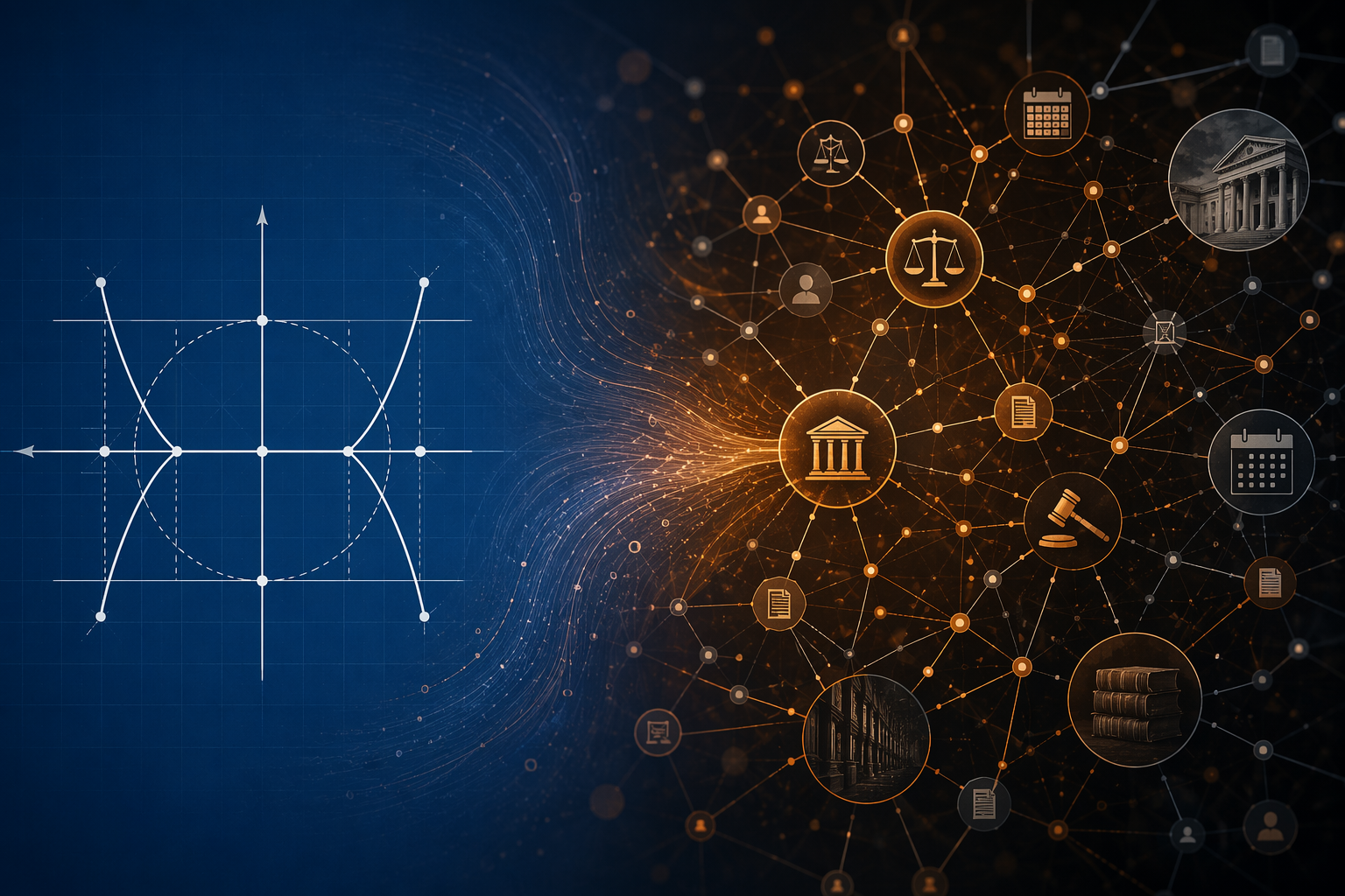 Geometric mathematical equation transitioning into a branching network of legal nodes