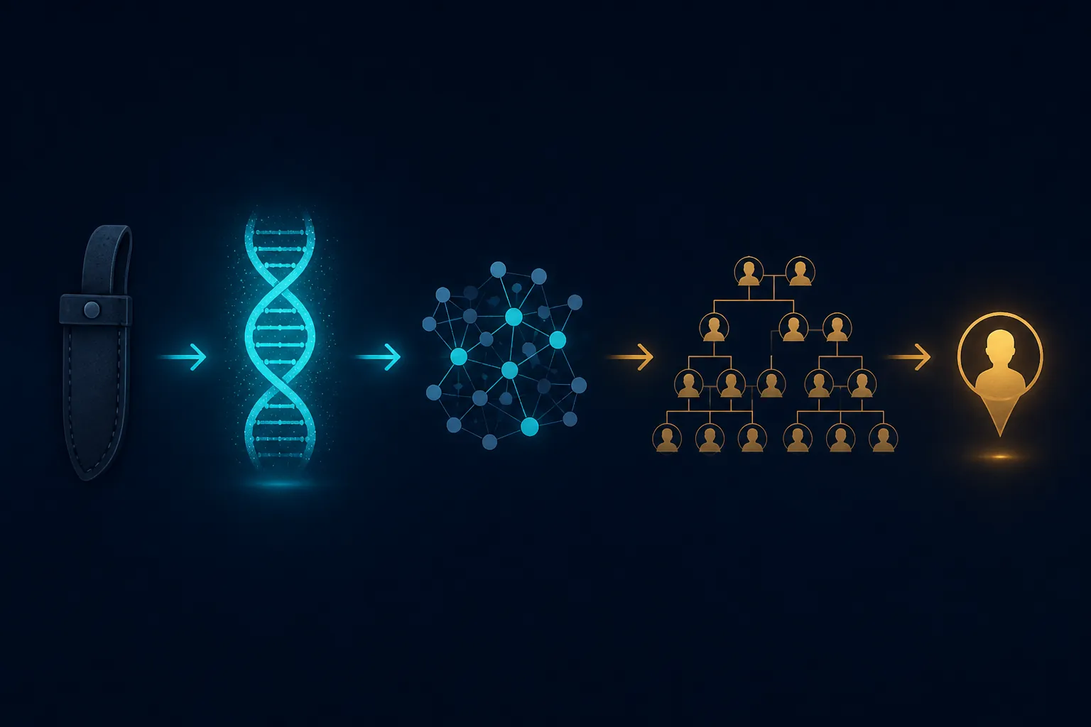 Process flow from sheath to DNA strand, genealogy database nodes, family tree, and highlighted person marker