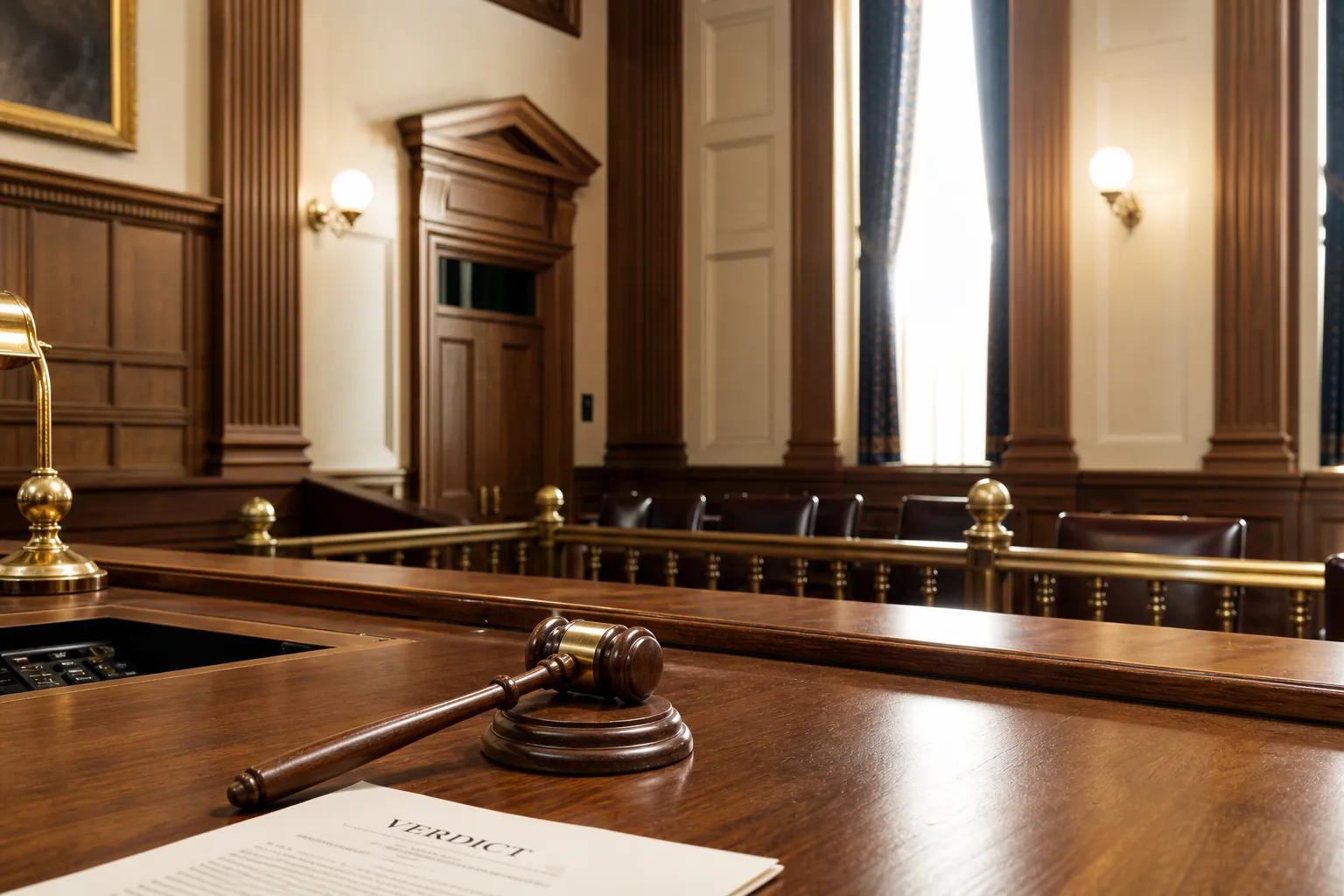 Empty courtroom with a judge's bench, gavel, and legal document