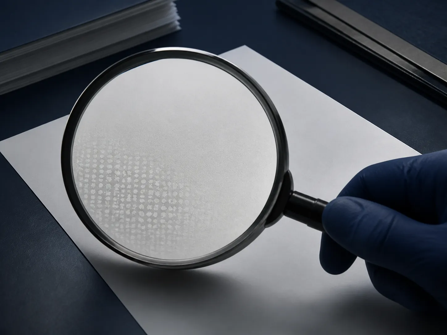 Magnifying glass revealing a faint watermark on part of a printed page