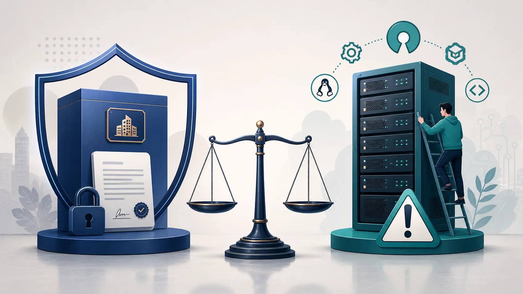 Scale comparing enterprise legal AI subscription controls with self-hosted server maintenance and risk