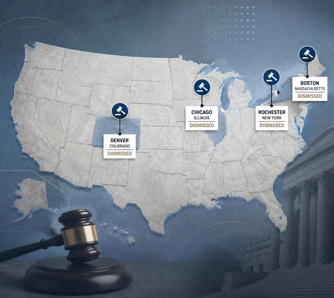 Editorial map showing dismissed sanctuary-city lawsuits in Chicago, Denver, Rochester, and Boston