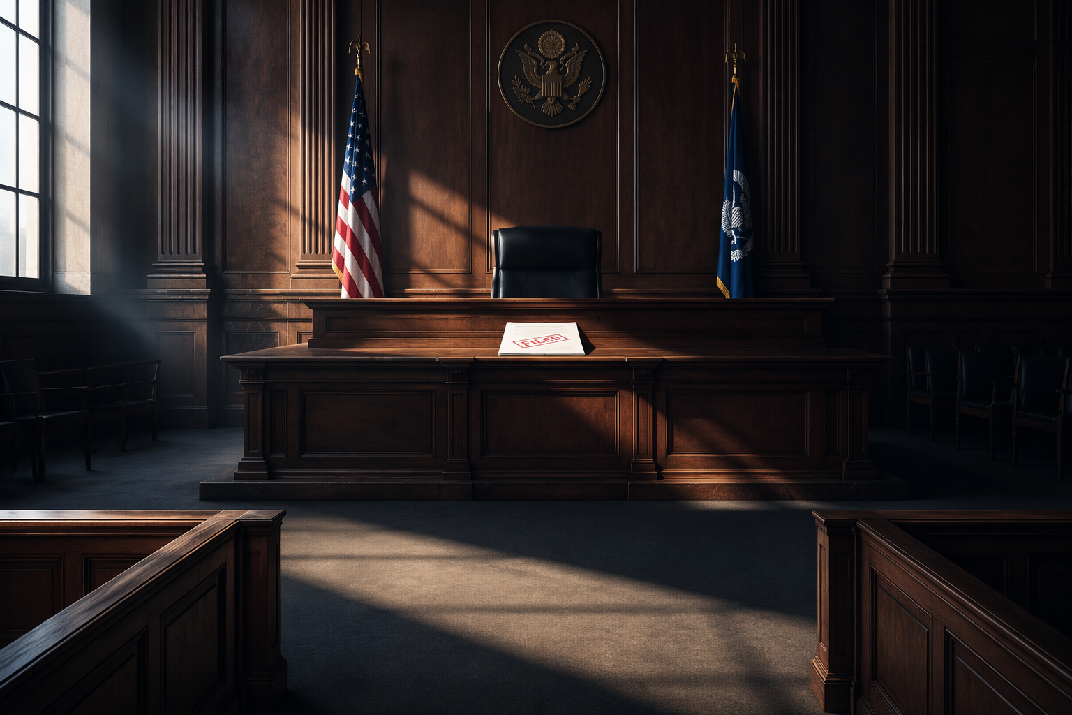 Empty federal courtroom with a filed legal document whose body is blank