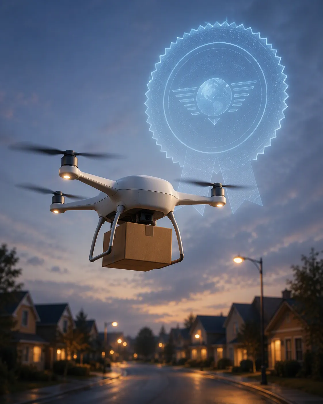 Delivery drone carrying a cardboard package below a formal certificate seal