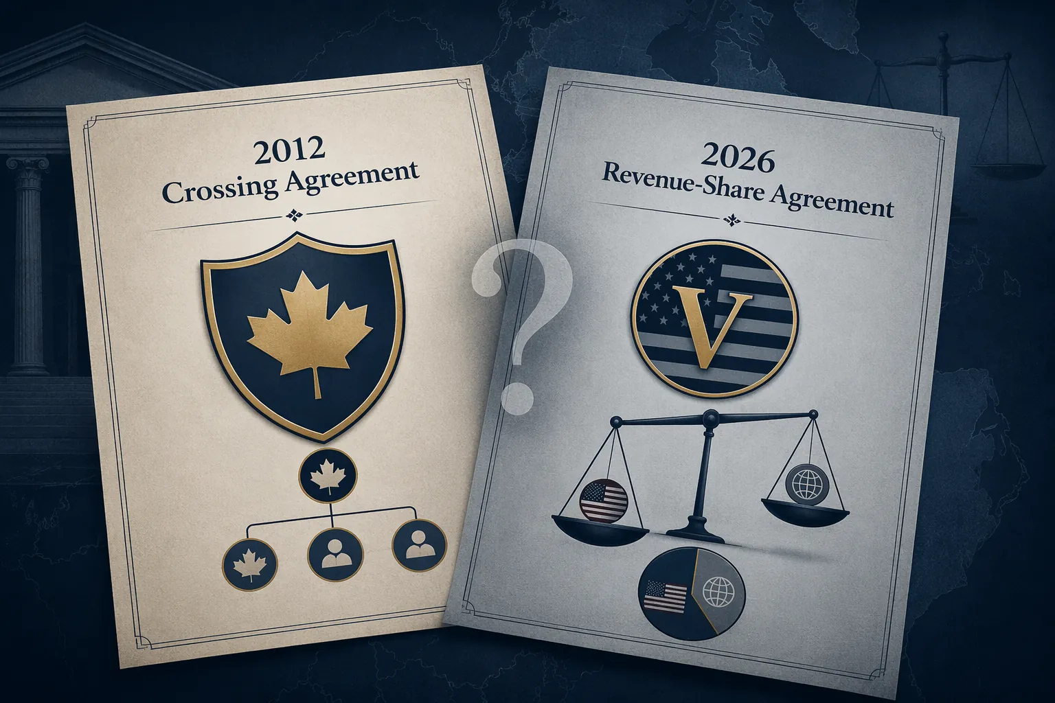 Concept illustration of the 2012 Crossing Agreement overlaid by the 2026 revenue-share agreement with unresolved legal priority