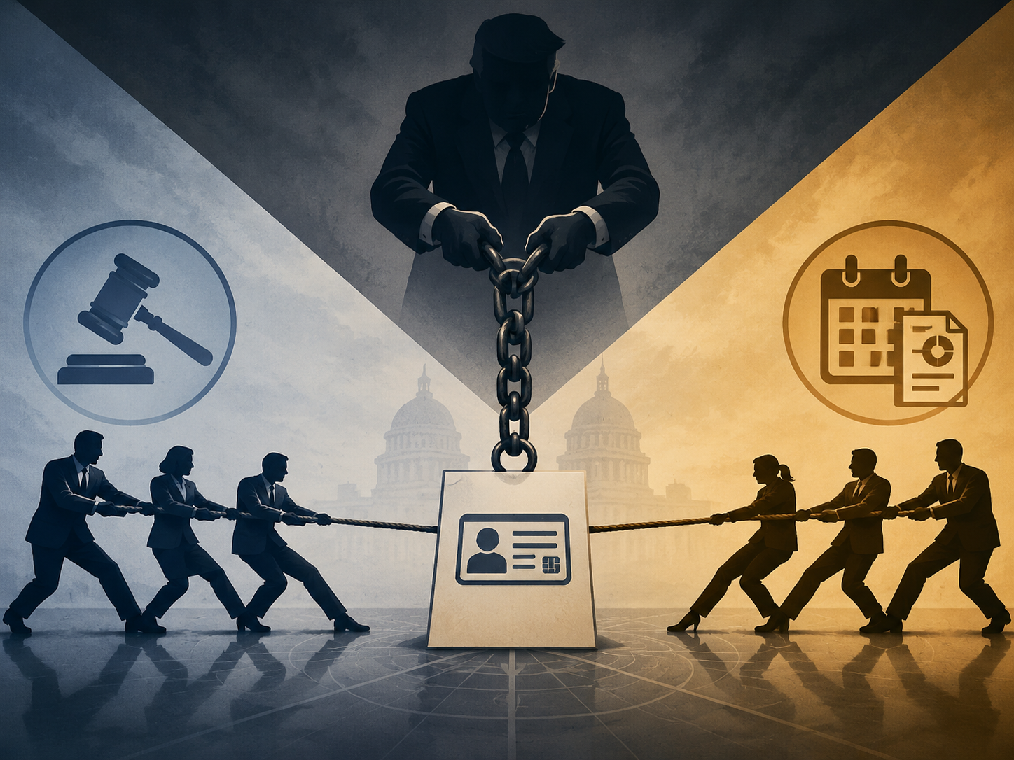 Silhouetted political figures pulling a central document toward a gavel, a calendar and budget document, and a chain from above