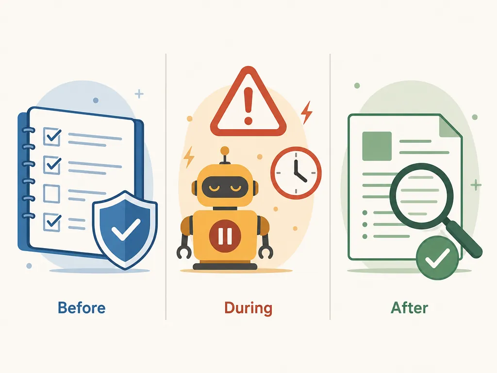 Before, During, and After process panels for an AI outage verification workflow