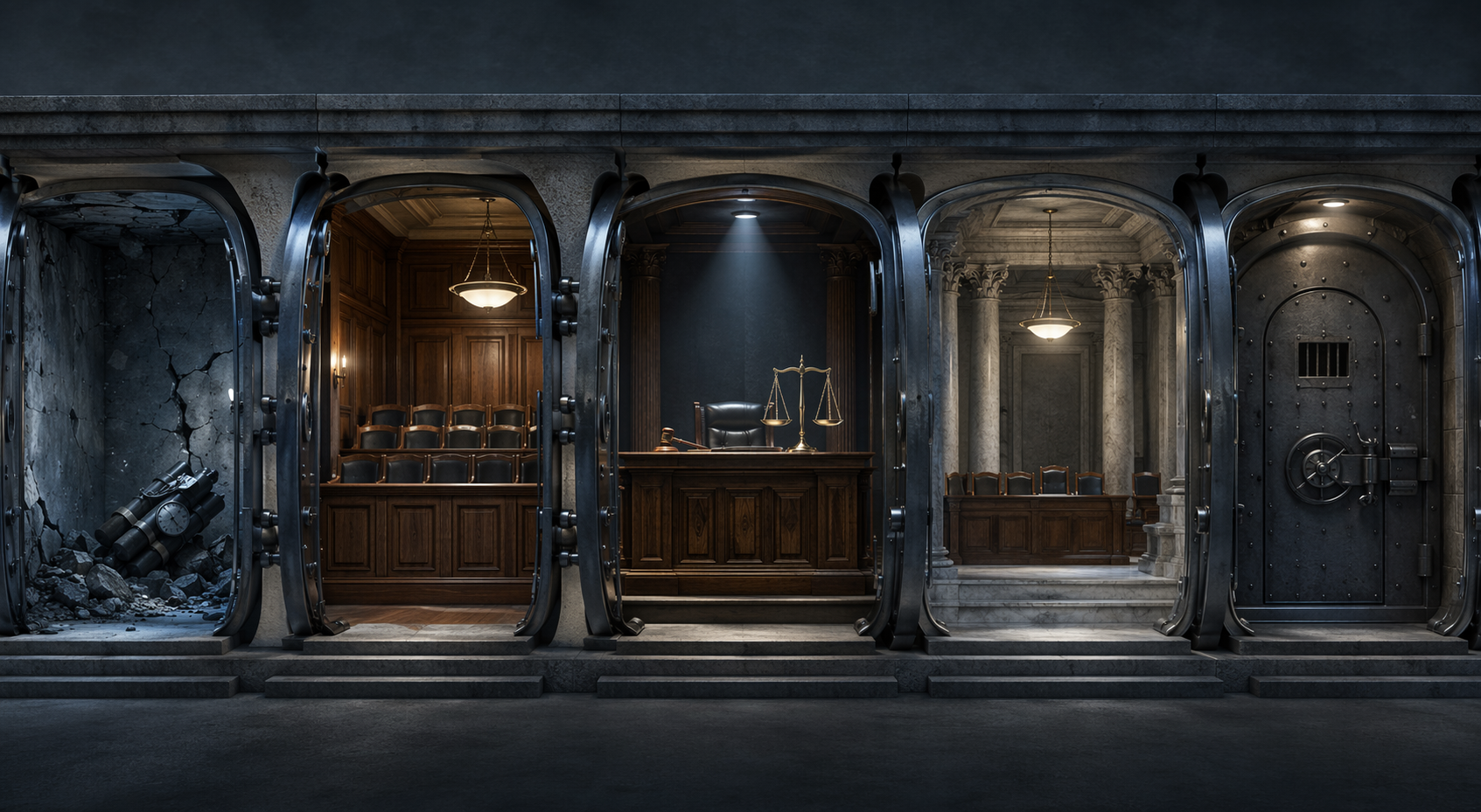 Cutaway of chambers showing a path from explosive device to jury room, judge bench, appellate court, and final iron door