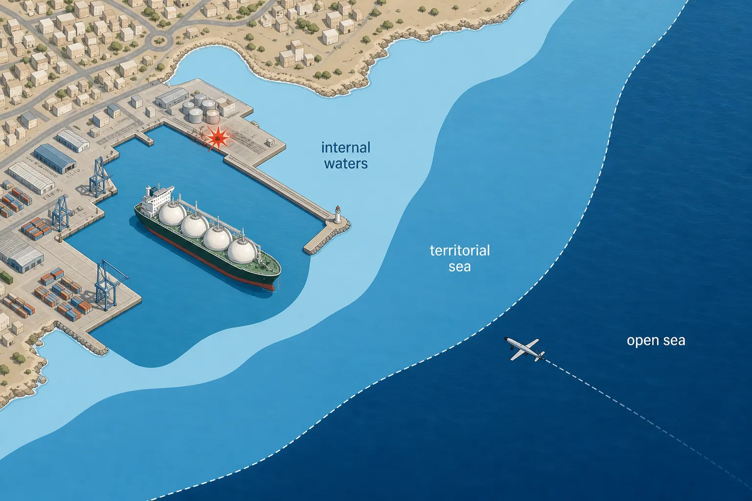 Top-down chart showing a commercial port inside Egypt's internal waters with a drone impact marker at the berth