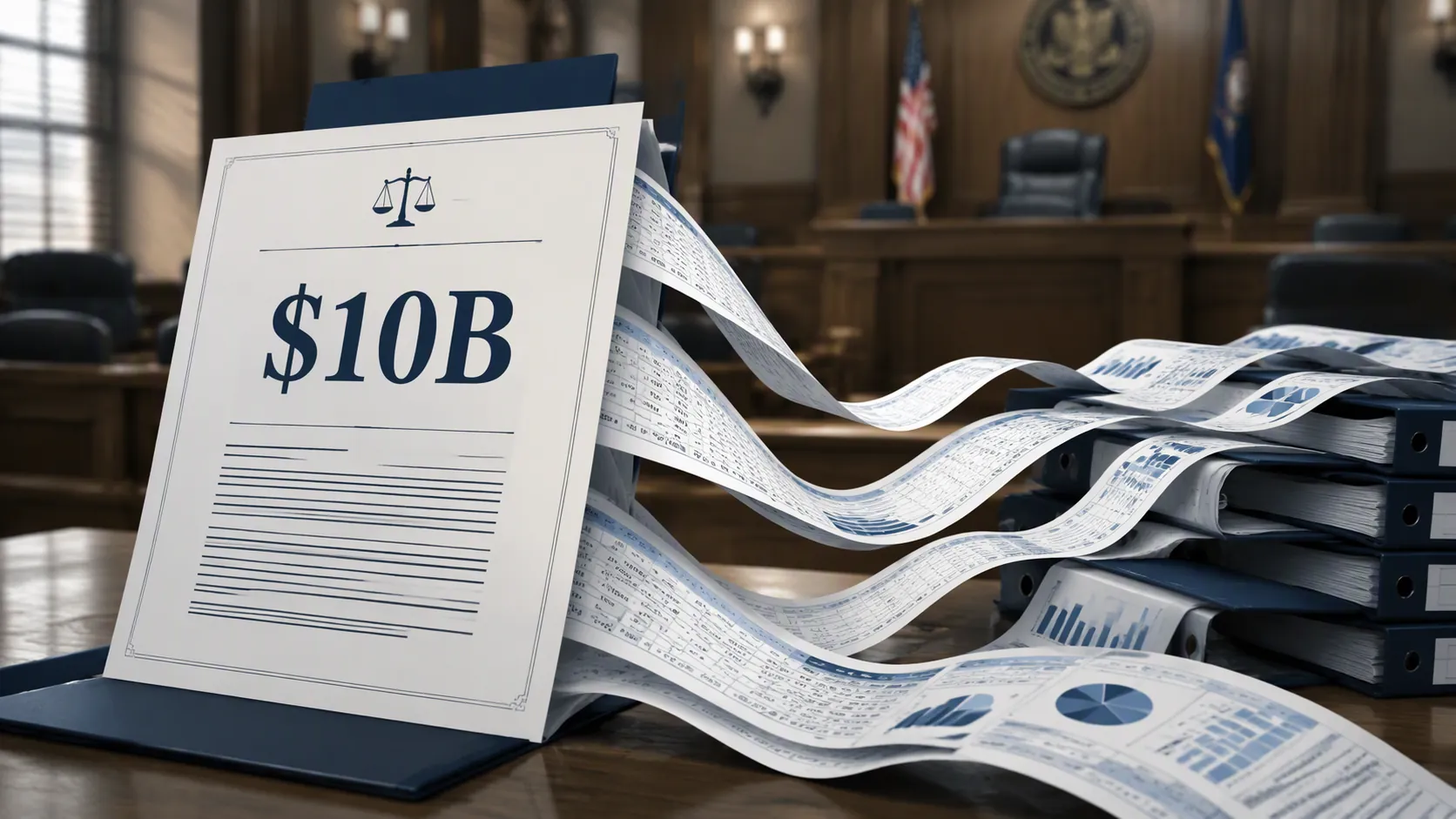 A legal complaint marked with a large $10B figure as financial records stream toward a courtroom
