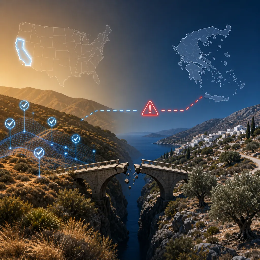 Split-screen illustration of a California wildfire data model and a Greek Mediterranean landscape connected by a cracked bridge showing a geographic transferability gap