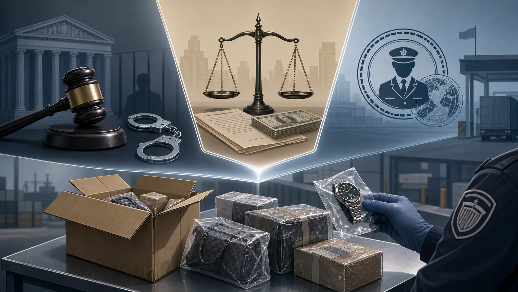Customs inspection scene with seized goods and three legal layers representing criminal, civil, and administrative exposure