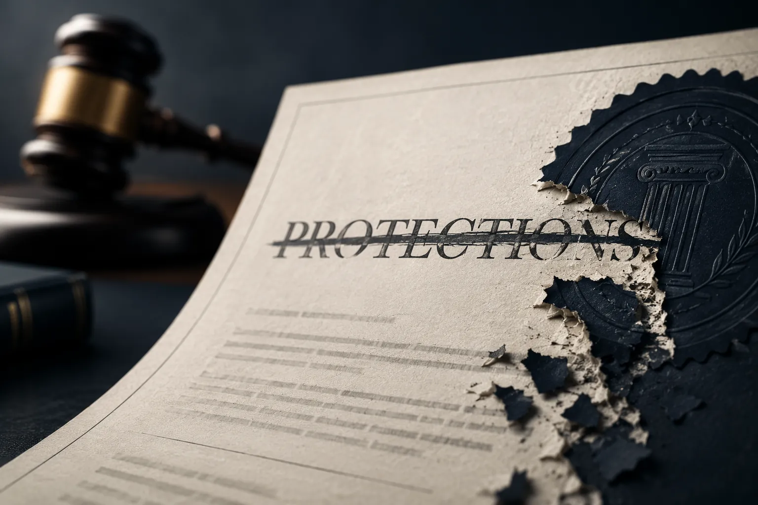 Redacted legal document with a crossed-out protective seal and blurred gavel
