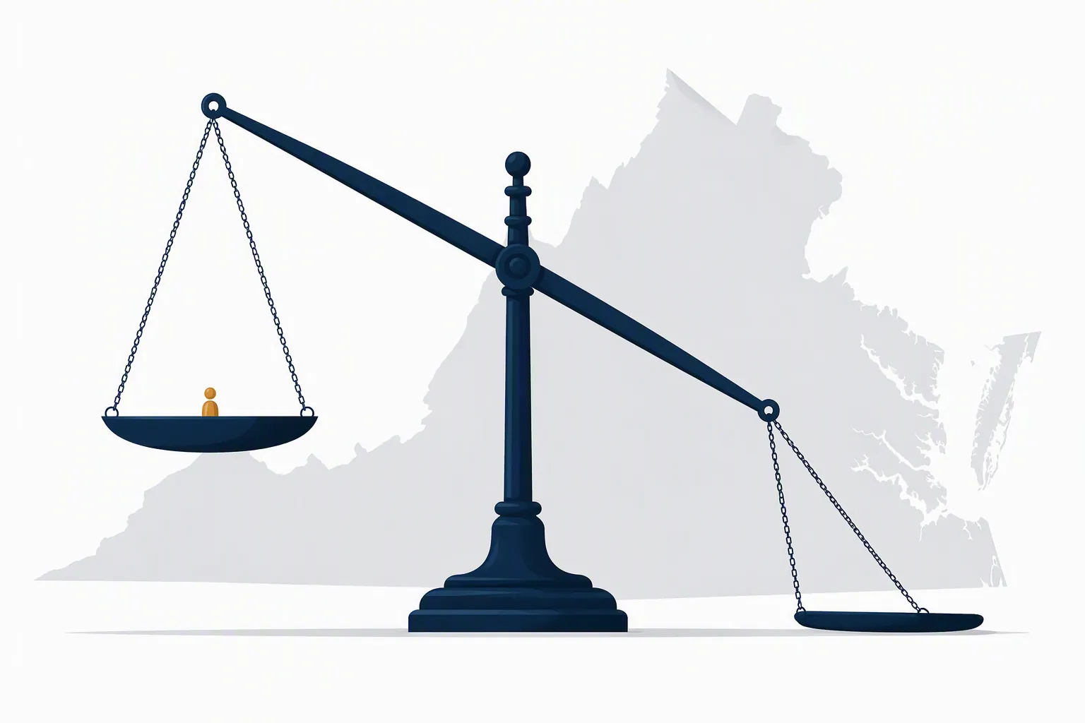 Legal scale tipping to one side over a muted Virginia outline, showing a small plaintiff fault weight reducing recovery to zero