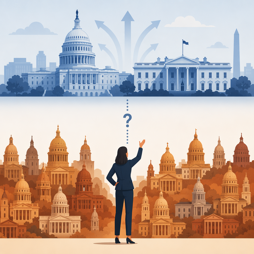 Federal deregulation signals above state AI laws with a professional figure between them