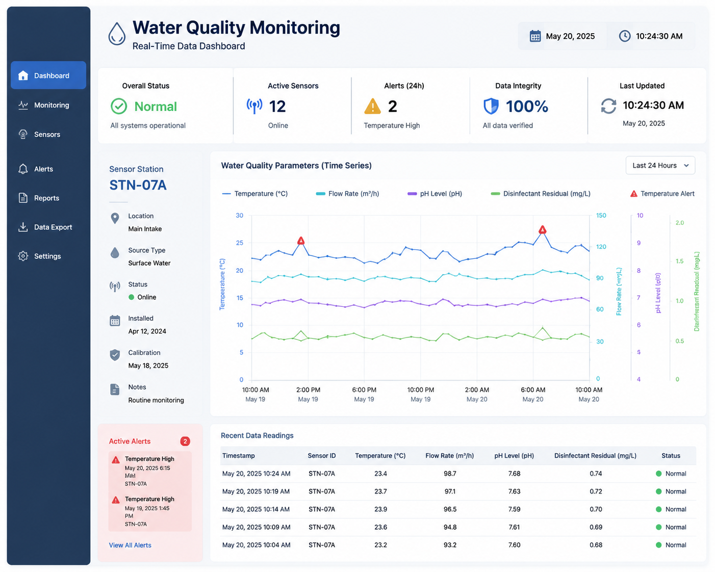Water quality monitoring dashboard with timestamped temperature, flow, pH, and disinfectant residual graphs