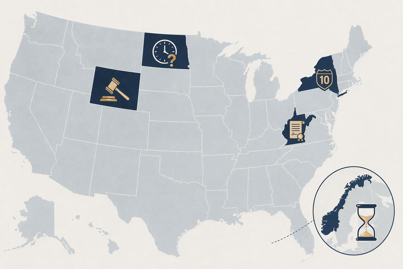 Map of the United States with North Dakota, West Virginia, New York, Wyoming, and Norway marked for different statute of limitations approaches