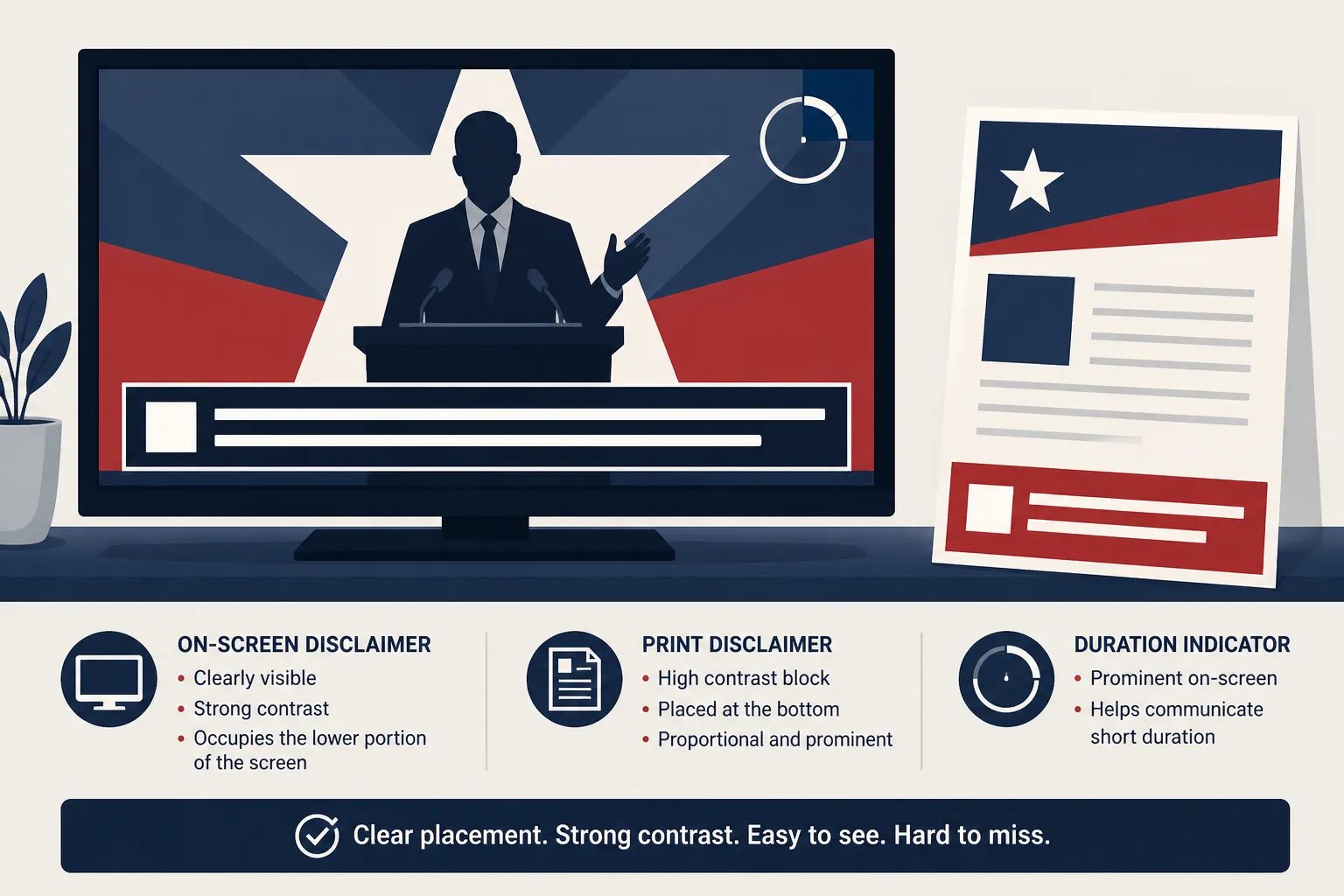 Television and printed campaign ad examples showing prominent, high-contrast disclaimer areas and a video-duration indicator