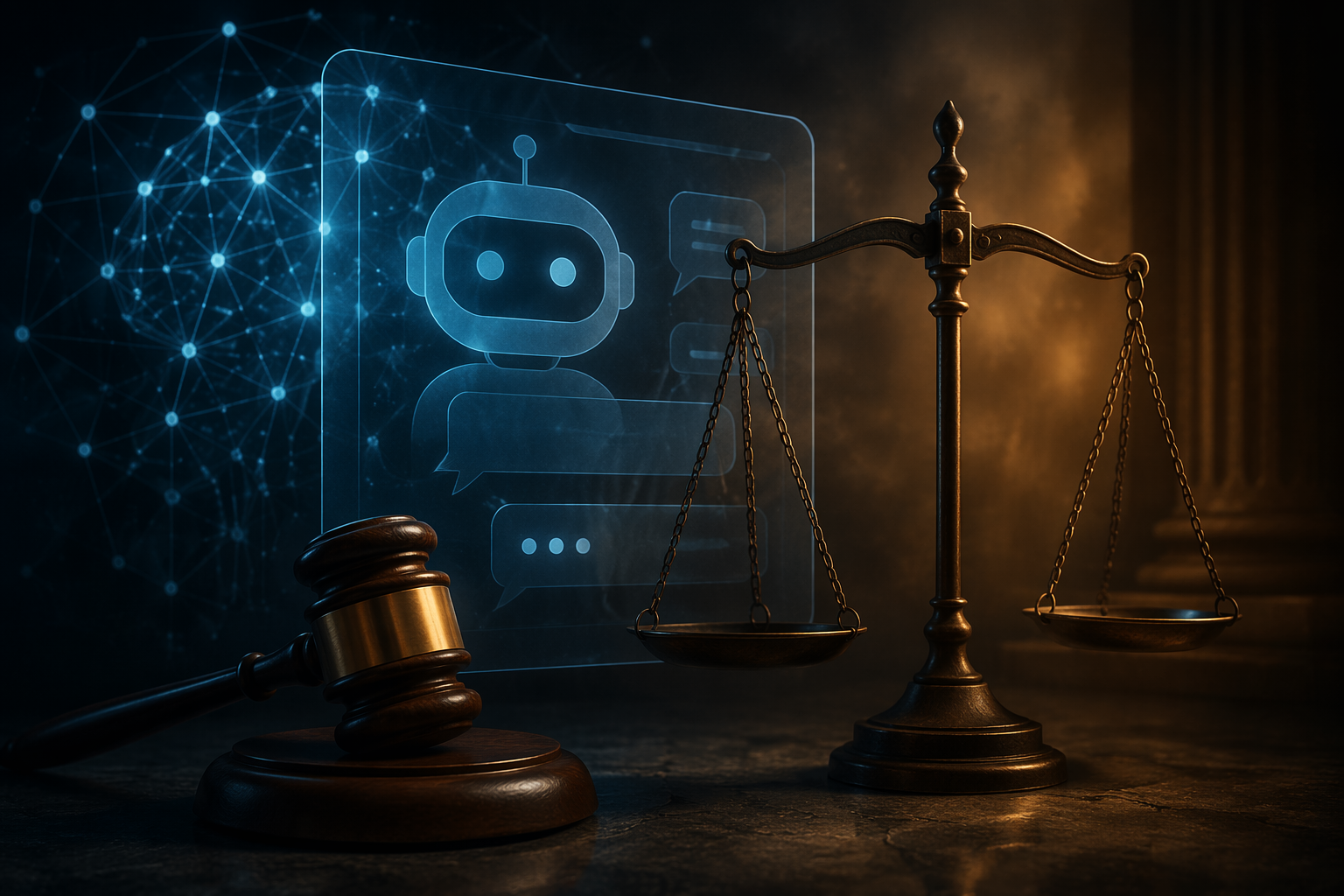Judge's gavel and uneven scales of justice with an AI chatbot interface in the background