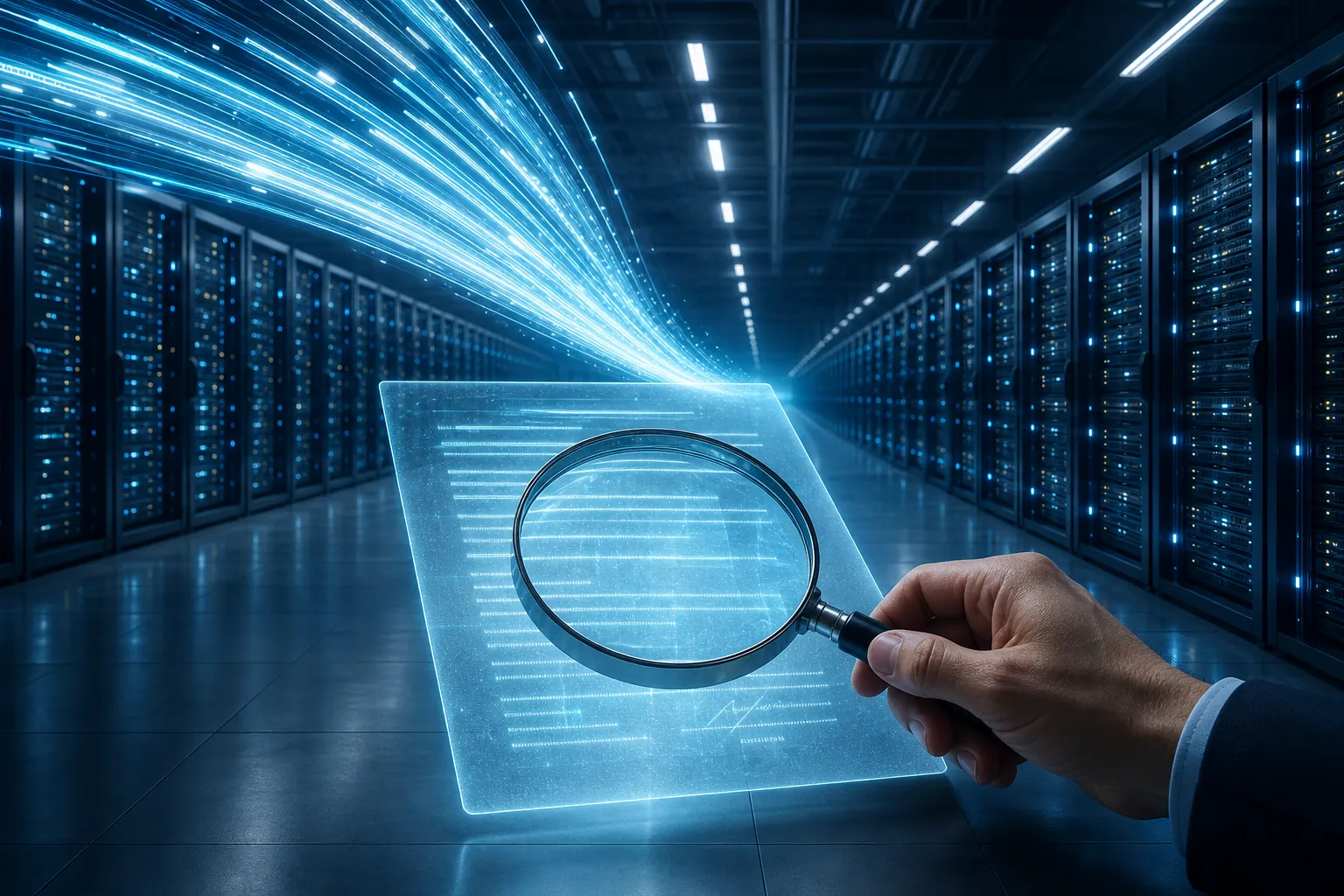 AI data center interior with a contract document and magnifying glass in the foreground