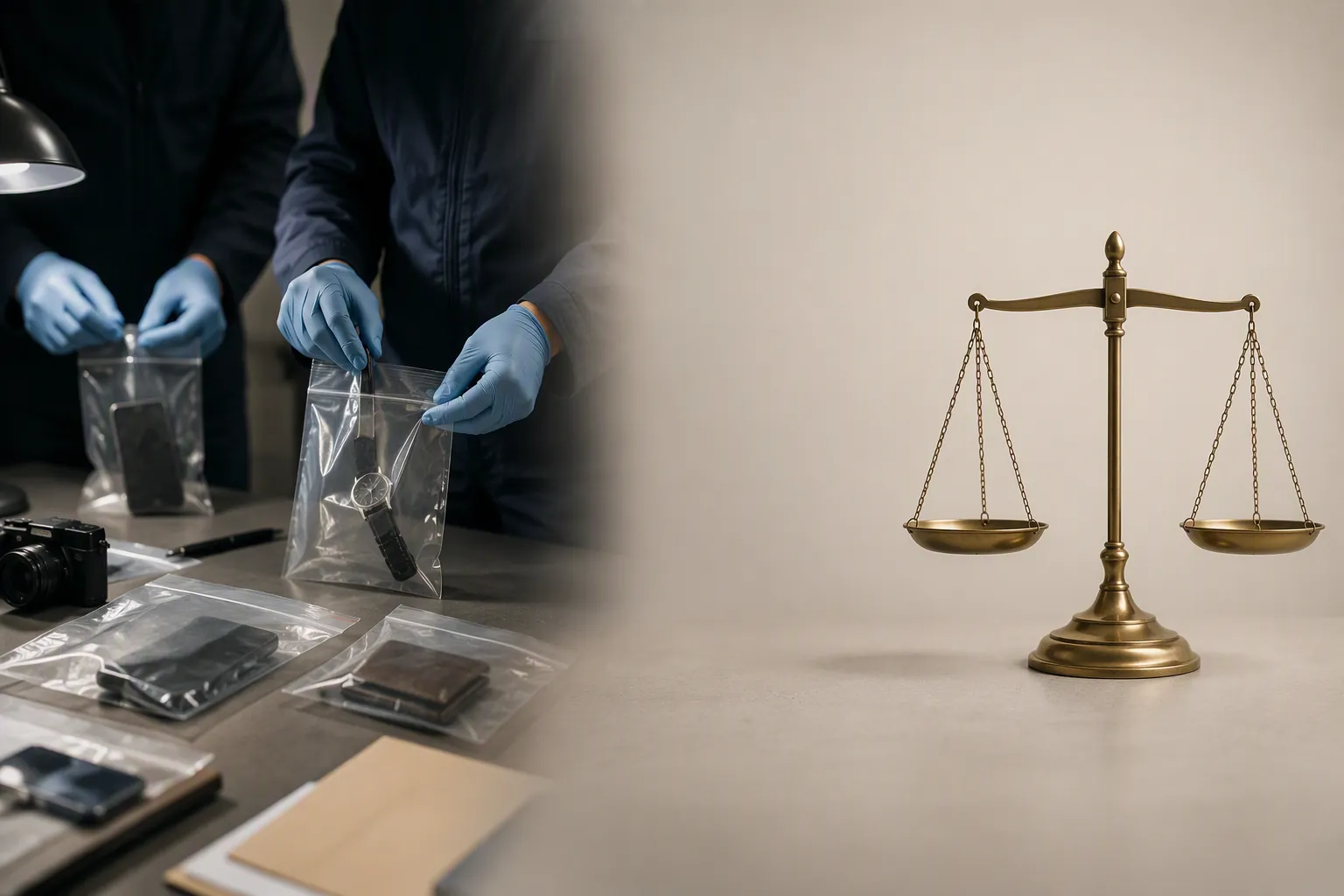 Investigators placing items into evidence bags near a scale of justice