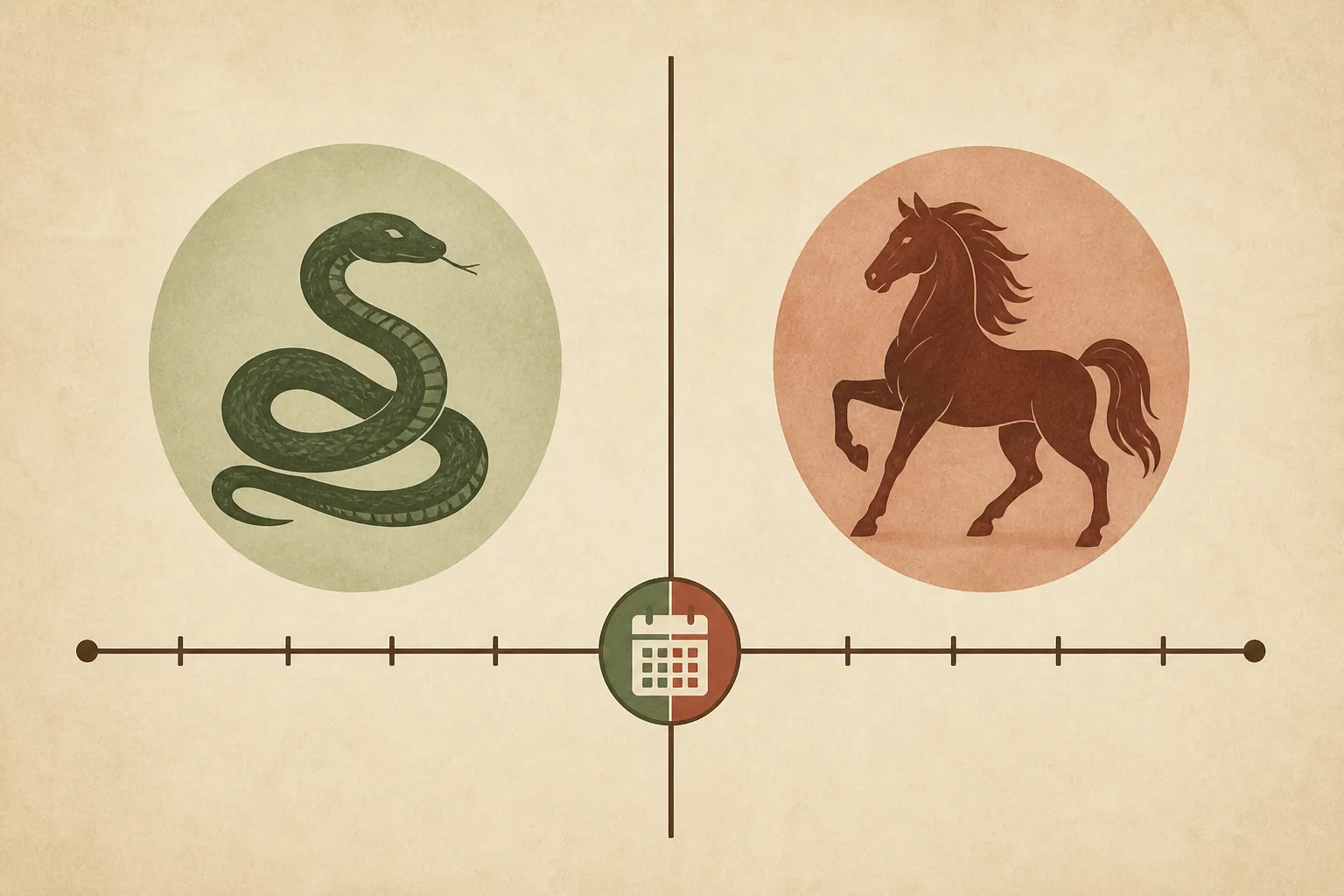 Calendar timeline showing a January or February birth date near the boundary between Snake and Horse zodiac years
