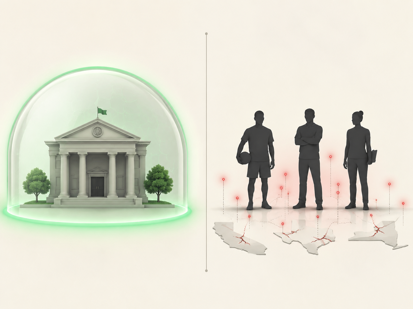 An institutional building under a protective dome with three figures outside and warning markers
