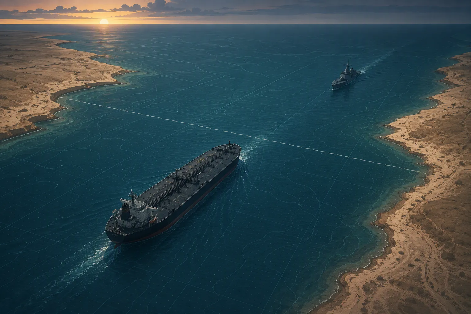 Aerial illustration of a merchant tanker transiting a narrow sea strait while a naval warship patrols nearby